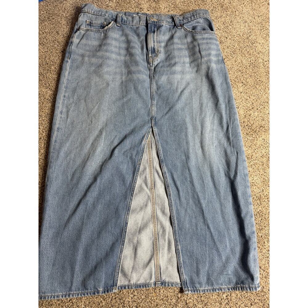 Vintage Y2K Old Navy Long Denim Blue Jean Skirt W/ Front Slit Size 14 Mid Rise